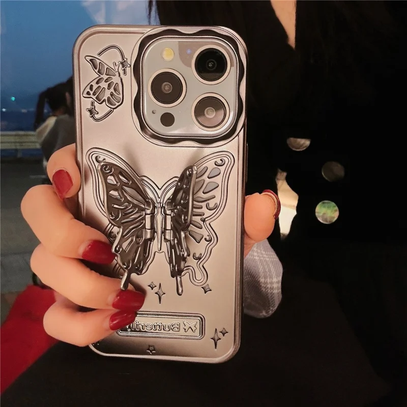 For iPhone 14 Pro Max Cases Butterfly Shaped PC Kickstand Cell Phone Shell Matte TPU Cover - Titanium Grey
