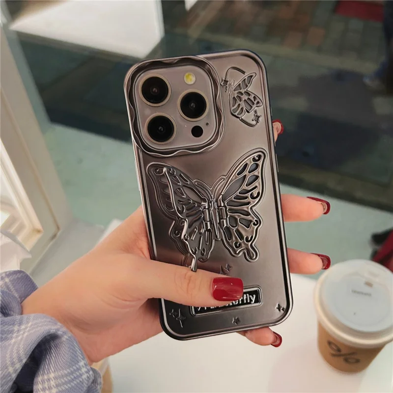 For iPhone 14 Pro Max Cases Butterfly Shaped PC Kickstand Cell Phone Shell Matte TPU Cover - Titanium Grey