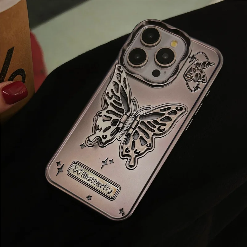For iPhone 14 Pro Max Cases Butterfly Shaped PC Kickstand Cell Phone Shell Matte TPU Cover - Titanium Grey