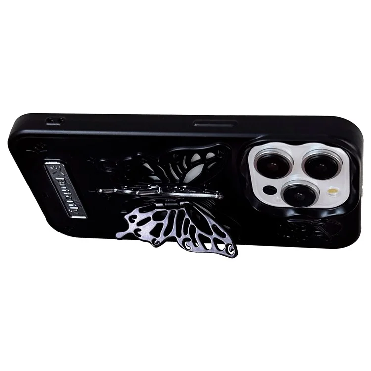 For iPhone 15 Pro Max Cover Matte TPU Cell Phone Case with Butterfly Shape PC Kickstand - Black