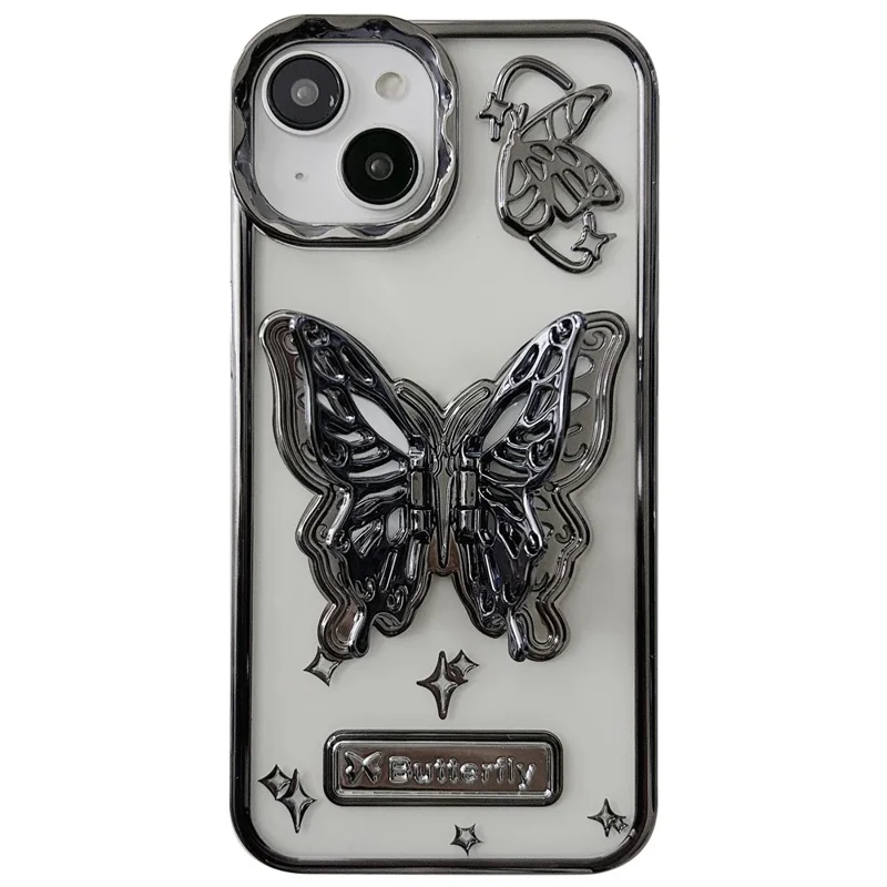 For iPhone 15 Case Electroplated Soft TPU Phone Cover with Butterfly Shape Kickstand - Black