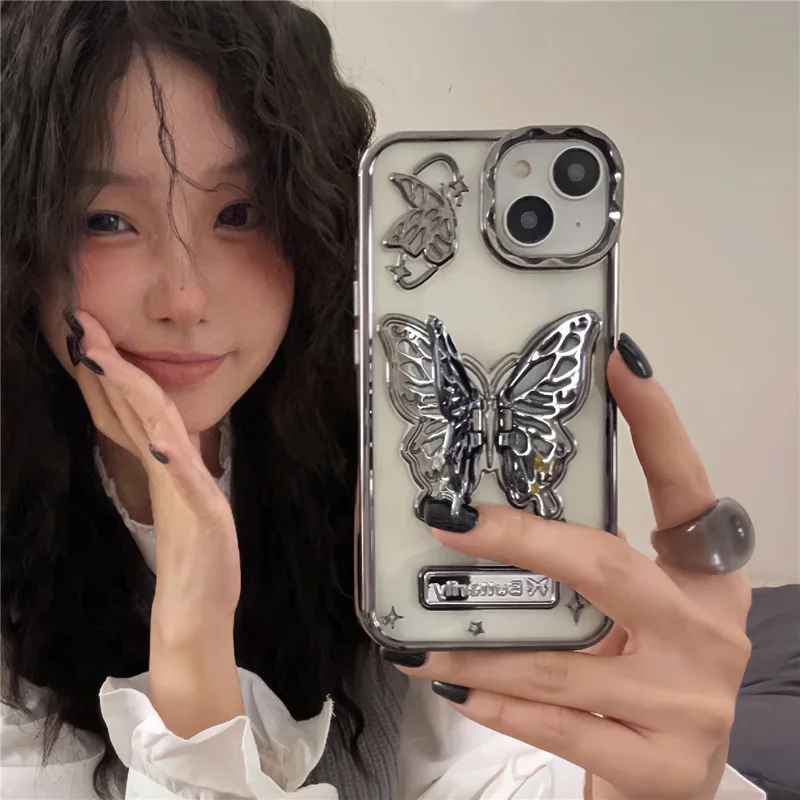 For iPhone 15 Case Electroplated Soft TPU Phone Cover with Butterfly Shape Kickstand - Black