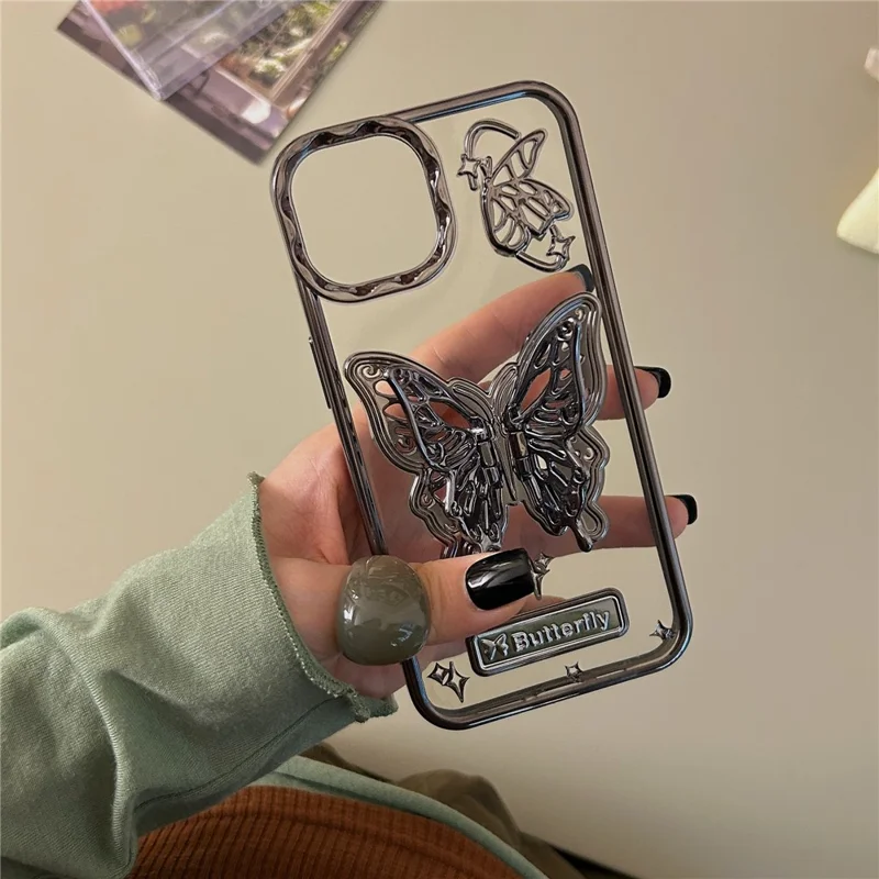 For iPhone 15 Case Electroplated Soft TPU Phone Cover with Butterfly Shape Kickstand - Black
