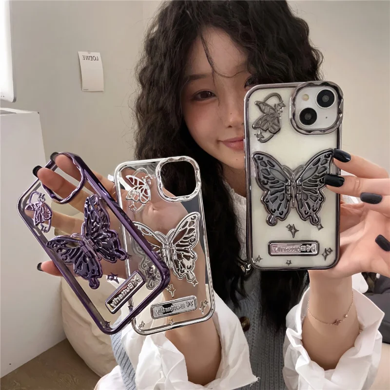 For iPhone 15 Case Electroplated Soft TPU Phone Cover with Butterfly Shape Kickstand - Black