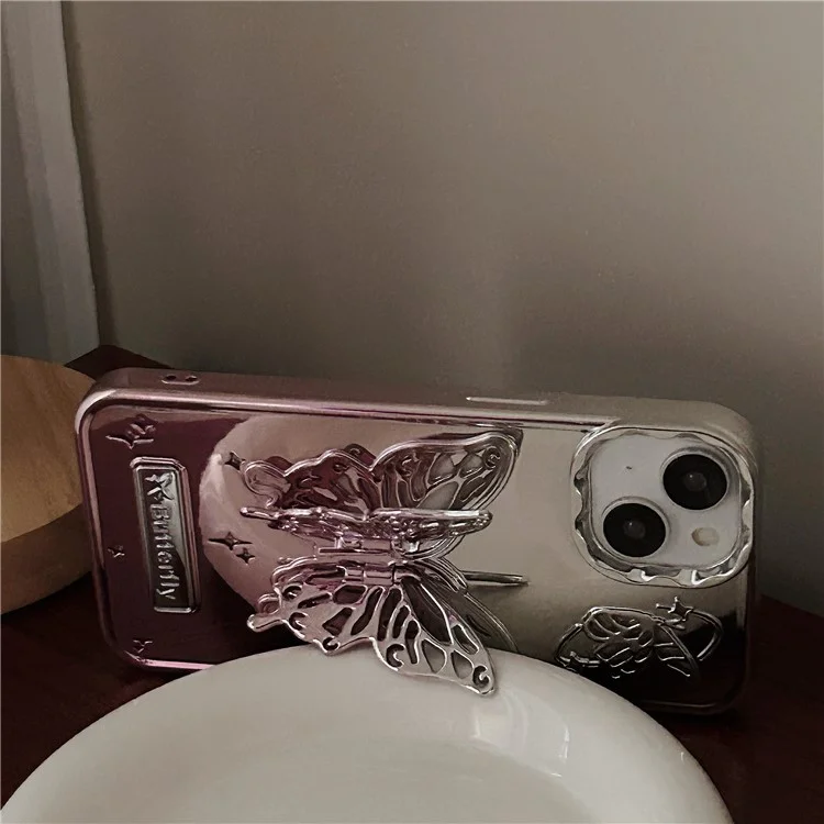 For iPhone 13 / 14 Case Electroplating TPU Phone Cover with Butterfly Shaped Kickstand Gradient Color - Pink