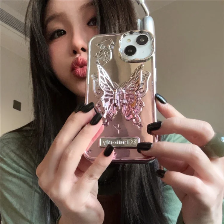 For iPhone 13 / 14 Case Electroplating TPU Phone Cover with Butterfly Shaped Kickstand Gradient Color - Pink