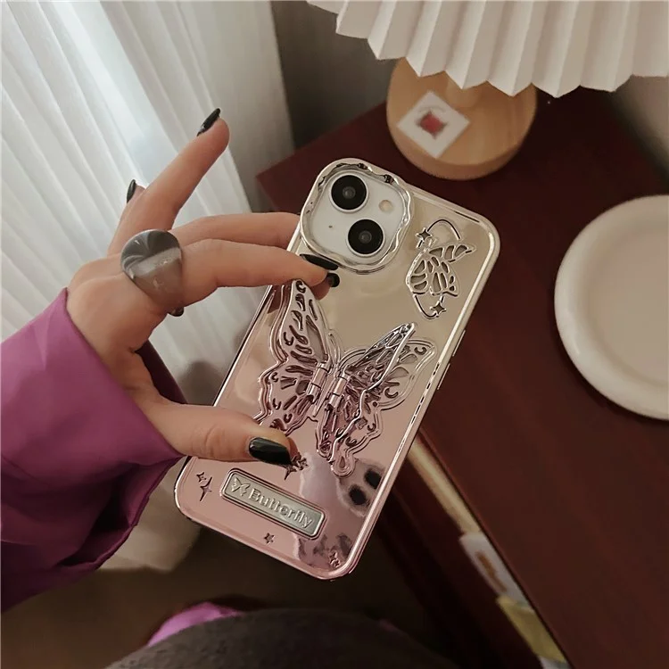 For iPhone 13 / 14 Case Electroplating TPU Phone Cover with Butterfly Shaped Kickstand Gradient Color - Pink