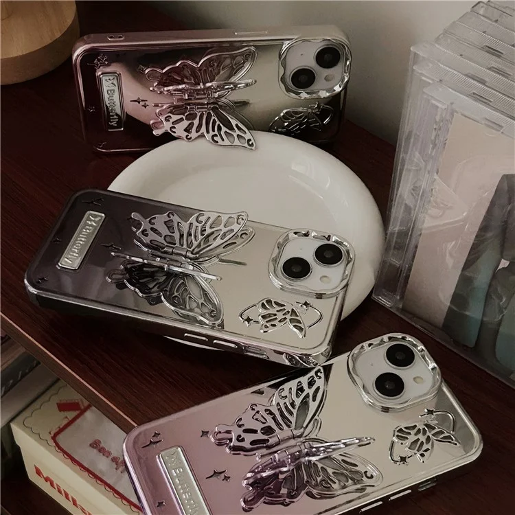 For iPhone 13 / 14 Case Electroplating TPU Phone Cover with Butterfly Shaped Kickstand Gradient Color - Pink