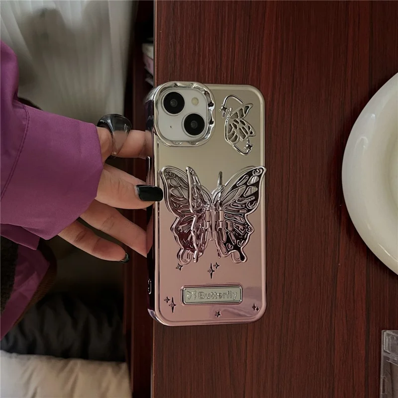 Para iPhone 15 Gradient Color TPU Cover Electroplating Phone Cases com Kickstand em Formato de Borboleta - Rosa