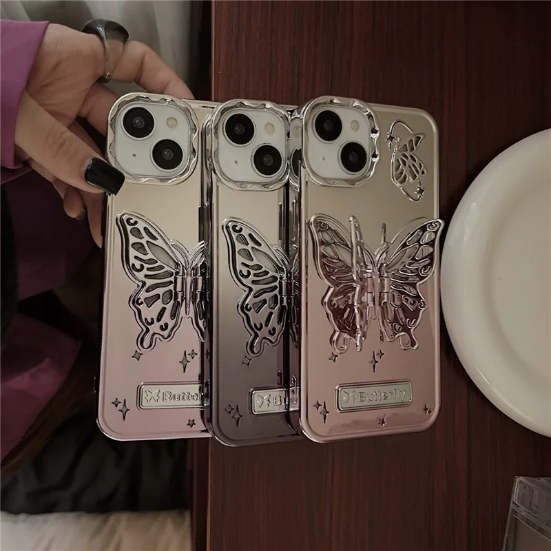 Para iPhone 15 Gradient Color TPU Cover Electroplating Phone Cases com Kickstand em Formato de Borboleta - Rosa