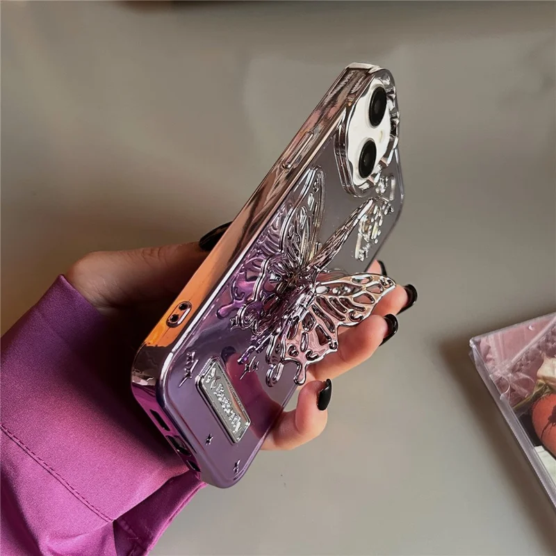 For iPhone 15 Gradient Color TPU Cover Electroplating Phone Cases with Butterfly Shaped Kickstand - Purple
