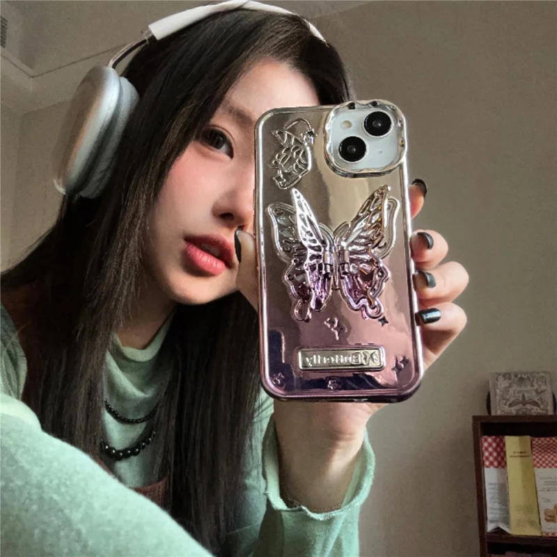 For iPhone 15 Gradient Color TPU Cover Electroplating Phone Cases with Butterfly Shaped Kickstand - Purple