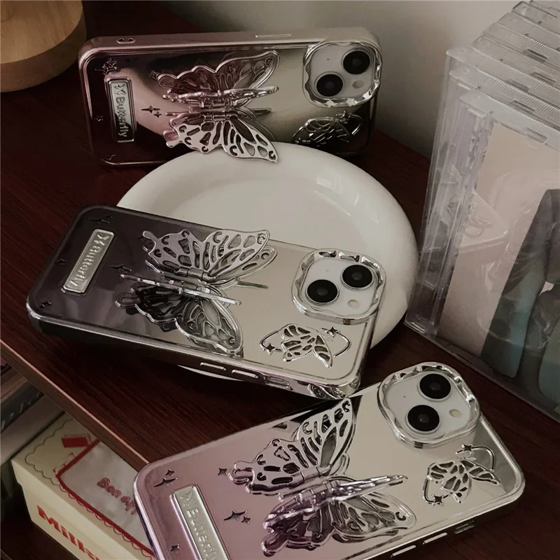 For iPhone 15 Gradient Color TPU Cover Electroplating Phone Cases with Butterfly Shaped Kickstand - Purple