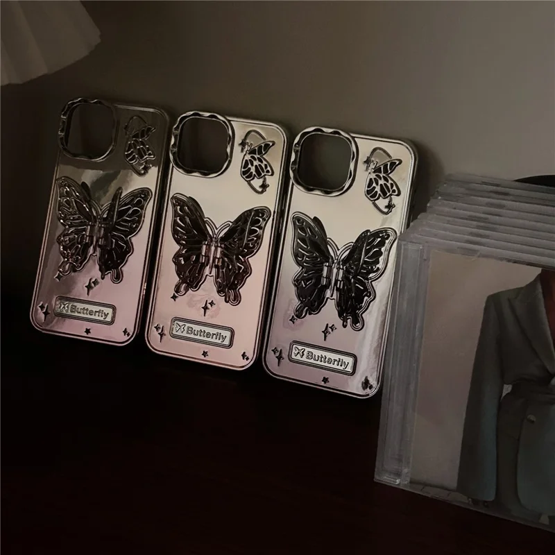For iPhone 15 Gradient Color TPU Cover Electroplating Phone Cases with Butterfly Shaped Kickstand - Purple