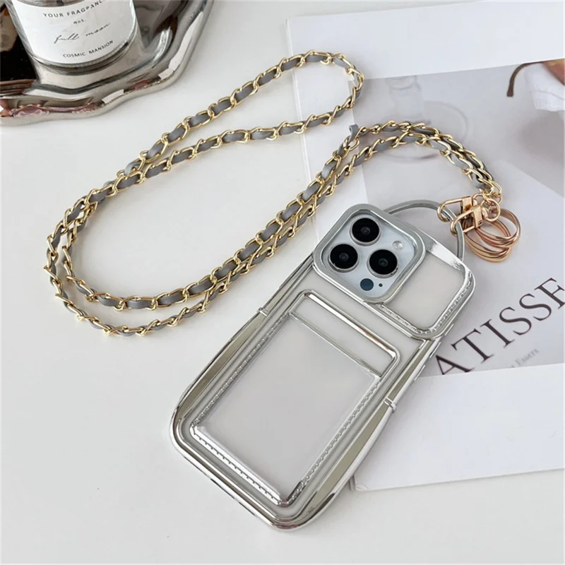 For iPhone 14 Pro Case Clear TPU Electroplating Phone Back Shell with Crossbody Chain and Card Holder - Silver