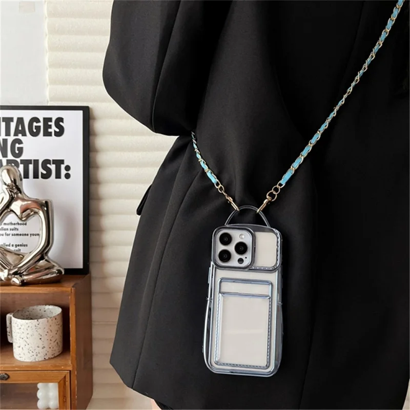 For iPhone 14 Pro Case Clear TPU Electroplating Phone Back Shell with Crossbody Chain and Card Holder - Silver