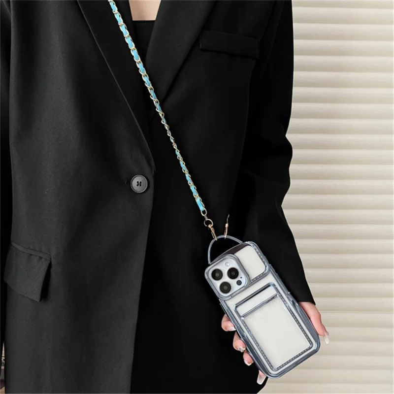 For iPhone 14 Pro Case Clear TPU Electroplating Phone Back Shell with Crossbody Chain and Card Holder - Silver