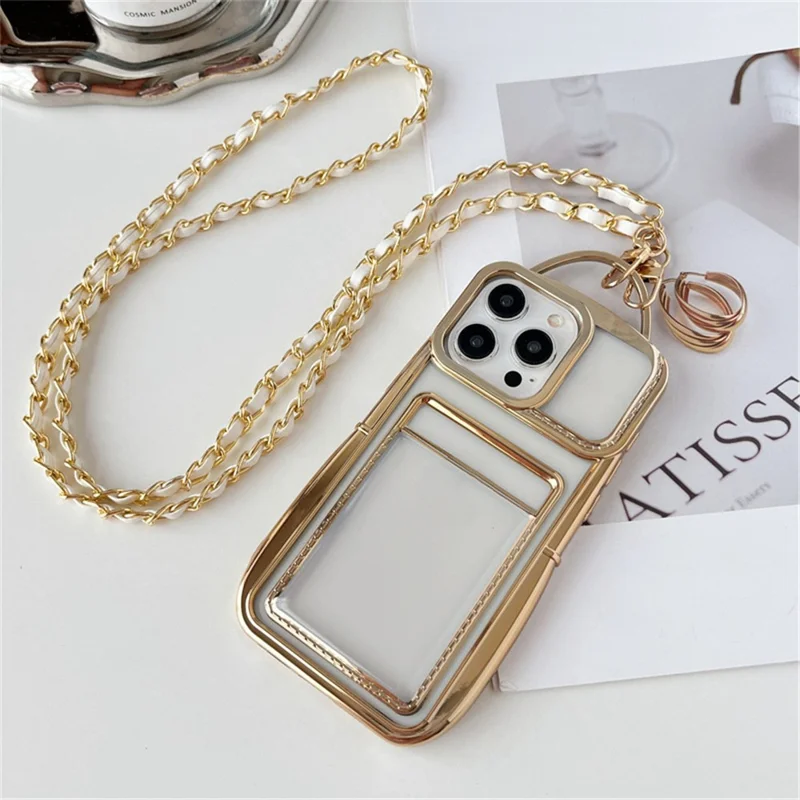 For iPhone 14 Pro Max Crossbody Case Transparent TPU Card Holder Phone Cover - Gold