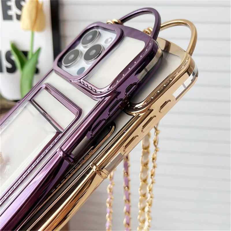 For iPhone 14 Pro Max Crossbody Case Transparent TPU Card Holder Phone Cover - Gold