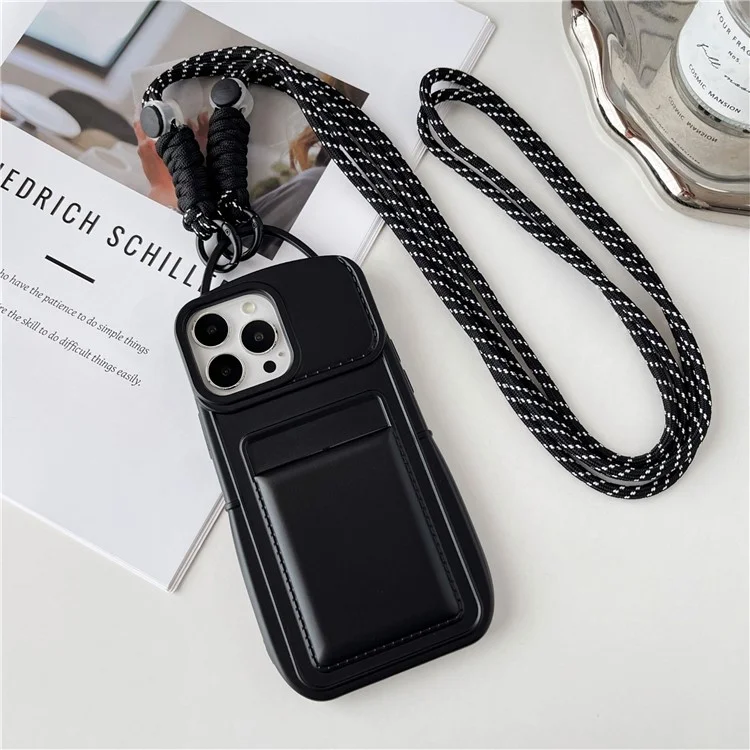 Shoulder Phone Pouch for iPhone 14 Pro TPU Case Skin-touch Protective Phone Cover with Card Holder - Black