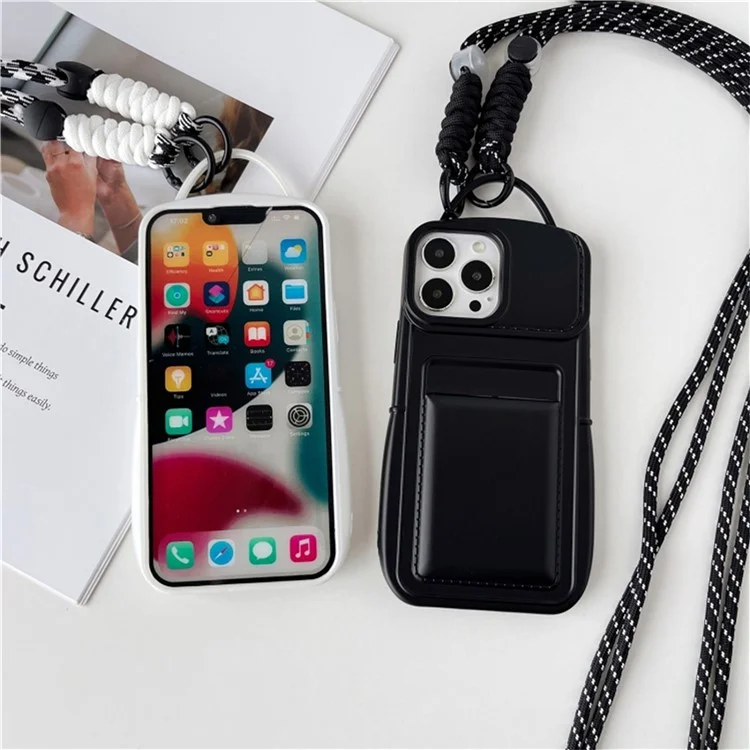 Shoulder Phone Pouch for iPhone 14 Pro TPU Case Skin-touch Protective Phone Cover with Card Holder - Black