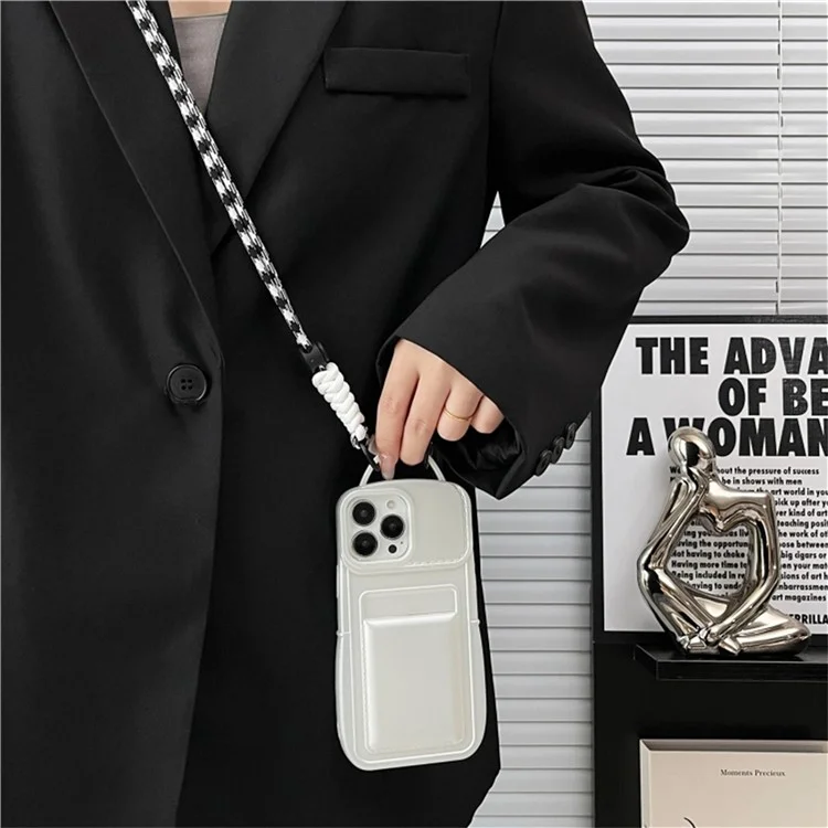 Shoulder Phone Pouch for iPhone 14 Pro TPU Case Skin-touch Protective Phone Cover with Card Holder - Black