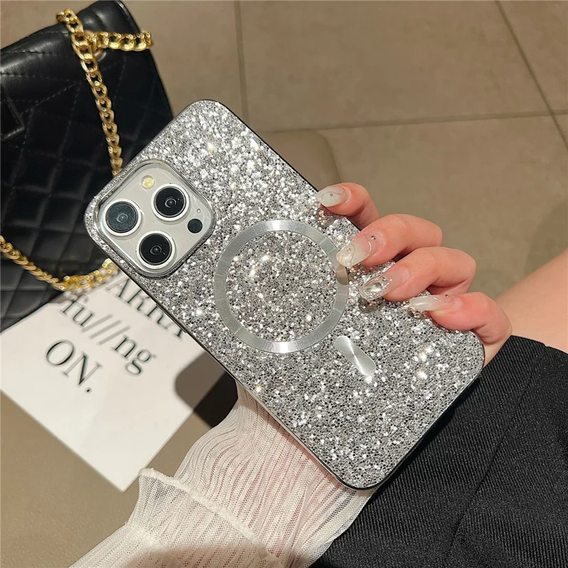 Pour iPhone 15 Pro Max Étui Magnétique Compatible avec MagSafe Coque Téléphone TPU+PC Pailletée - Argent
