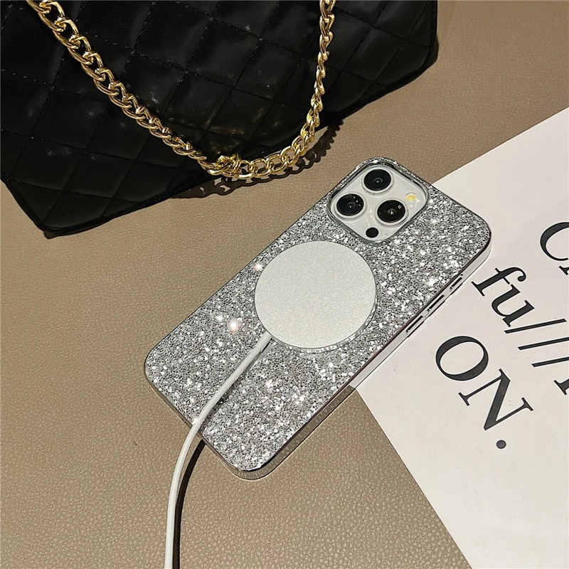 Pour iPhone 15 Pro Max Étui Magnétique Compatible avec MagSafe Coque Téléphone TPU+PC Pailletée - Argent
