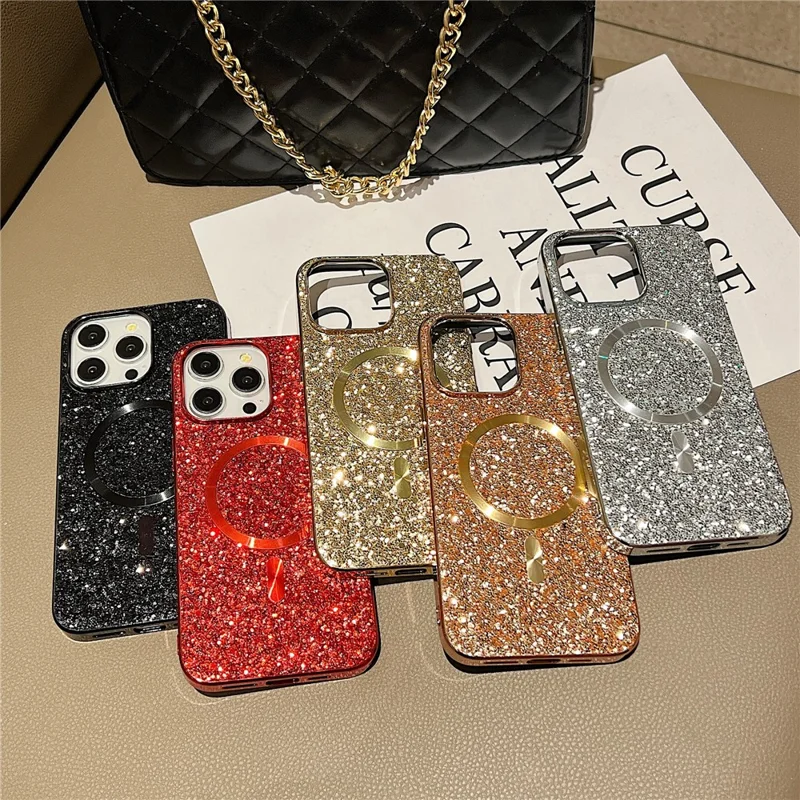 For iPhone 14 Pro Max Magnetic Phone Case Electroplating Glitter TPU Frame PC Back Cover - Gold
