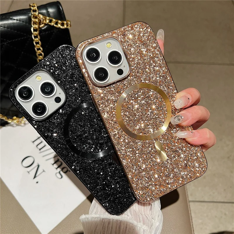 For iPhone 14 Pro Max Magnetic Phone Case Electroplating Glitter TPU Frame PC Back Cover - Gold