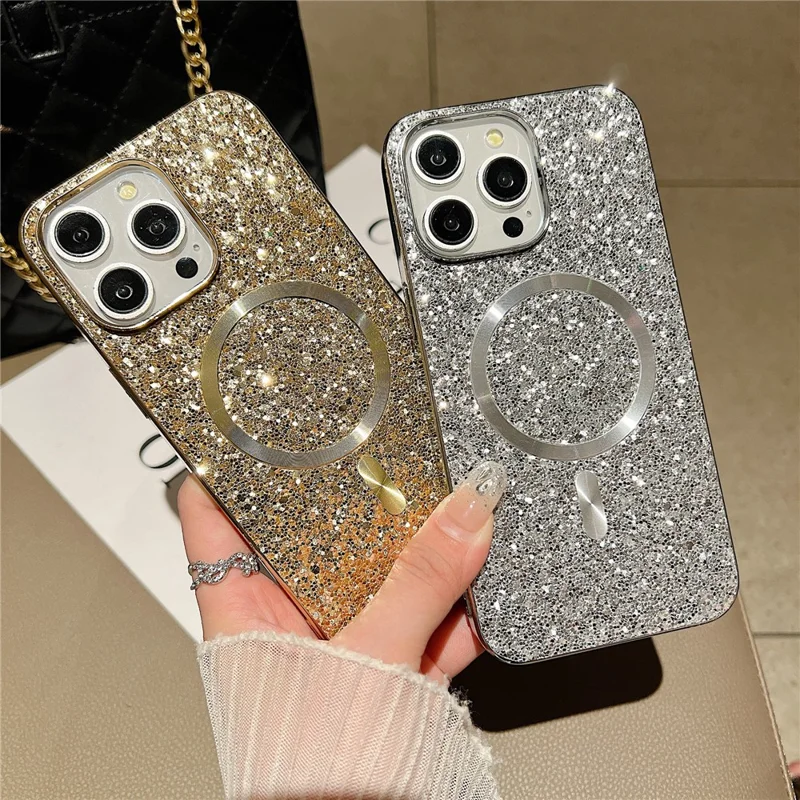 For iPhone 14 Pro Max Magnetic Phone Case Electroplating Glitter TPU Frame PC Back Cover - Gold