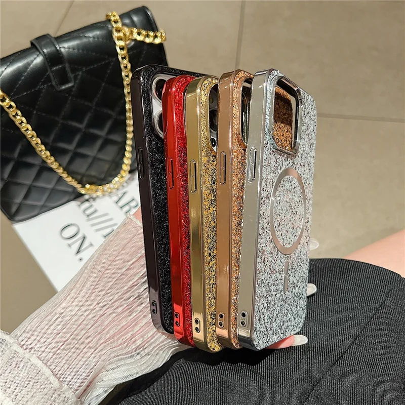 For iPhone 14 Pro Max Magnetic Phone Case Electroplating Glitter TPU Frame PC Back Cover - Gold
