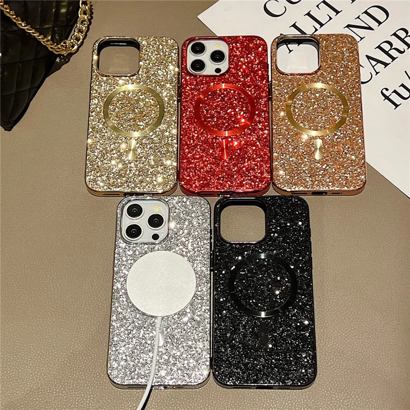 For iPhone 14 Pro Max Magnetic Phone Case Electroplating Glitter TPU Frame PC Back Cover - Gold