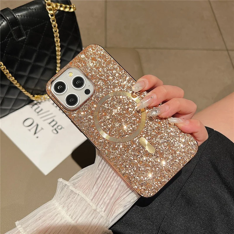 For iPhone 14 Pro Max Magnetic Phone Case Electroplating Glitter TPU Frame PC Back Cover - Rose Gold