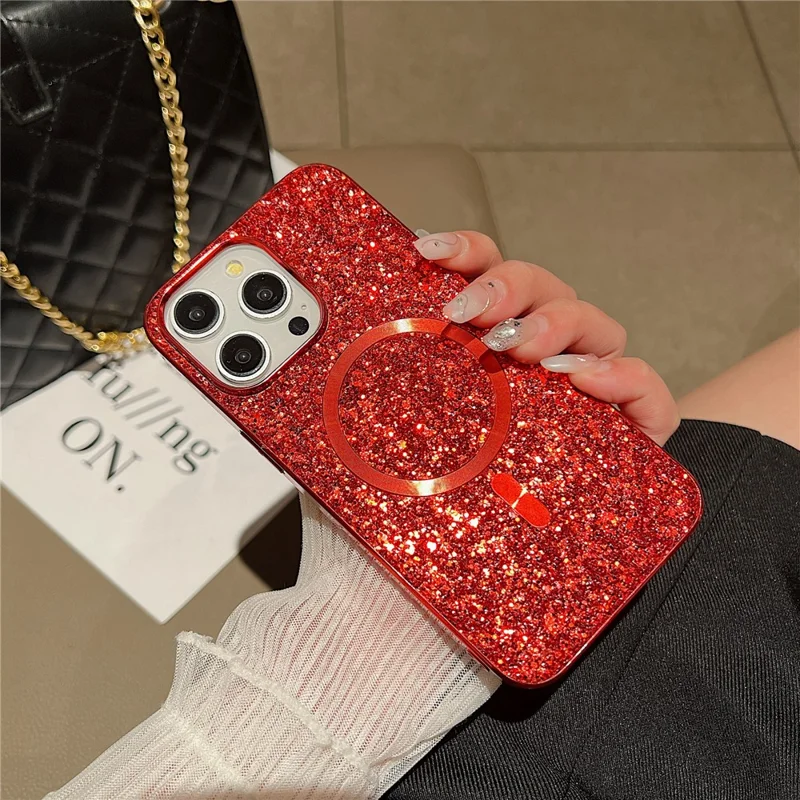 For iPhone 13 Pro Magnetic Case TPU+PC Glitter Sparkling Electroplating Phone Cover - Red