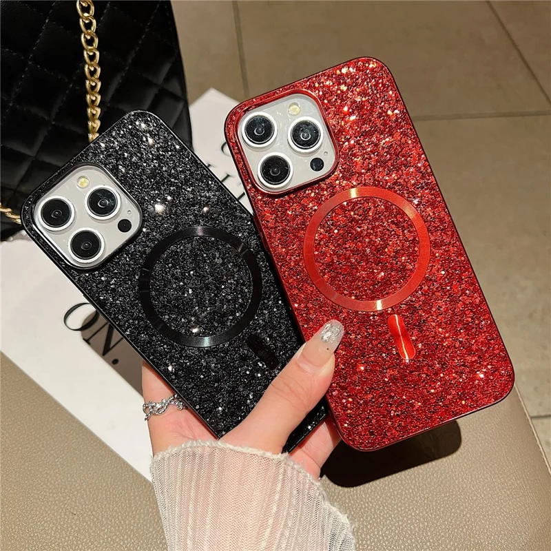 For iPhone 13 Pro Magnetic Case TPU+PC Glitter Sparkling Electroplating Phone Cover - Red