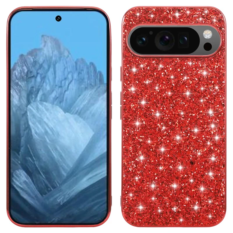 For Google Pixel 9 Pro XL Case Shock-Absorbent TPU+PC Sequins Bling Phone Back Cover - Red