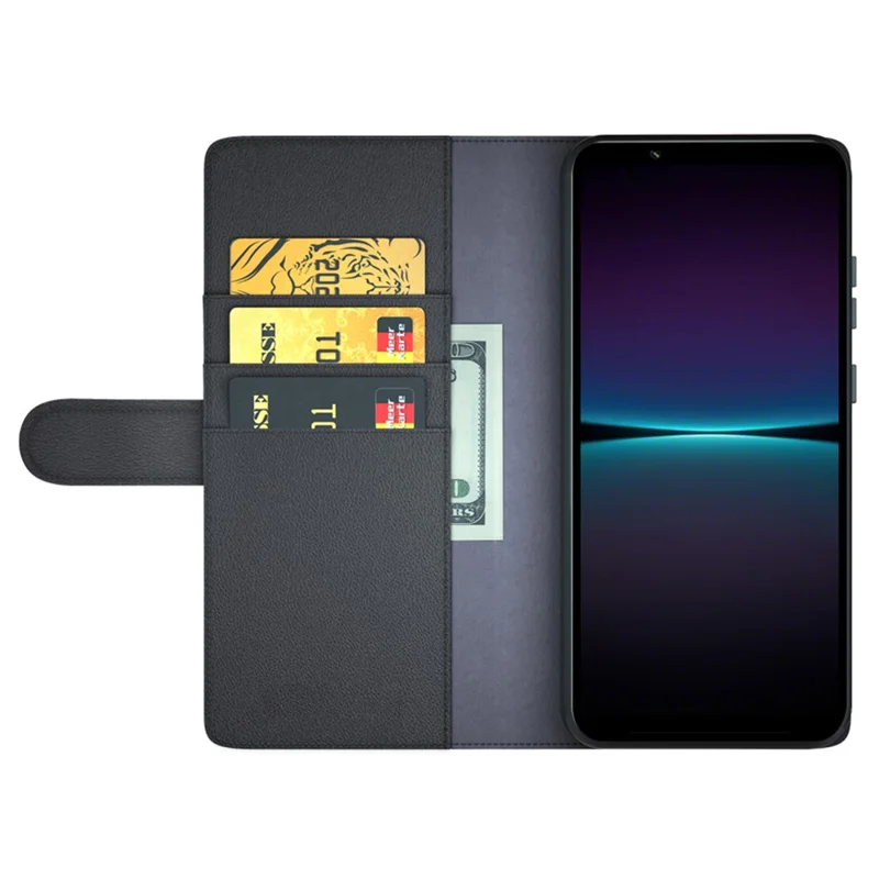 For Sony Xperia 1 VI Case Genuine Split Leather Phone Cover with Wallet Stand - Black