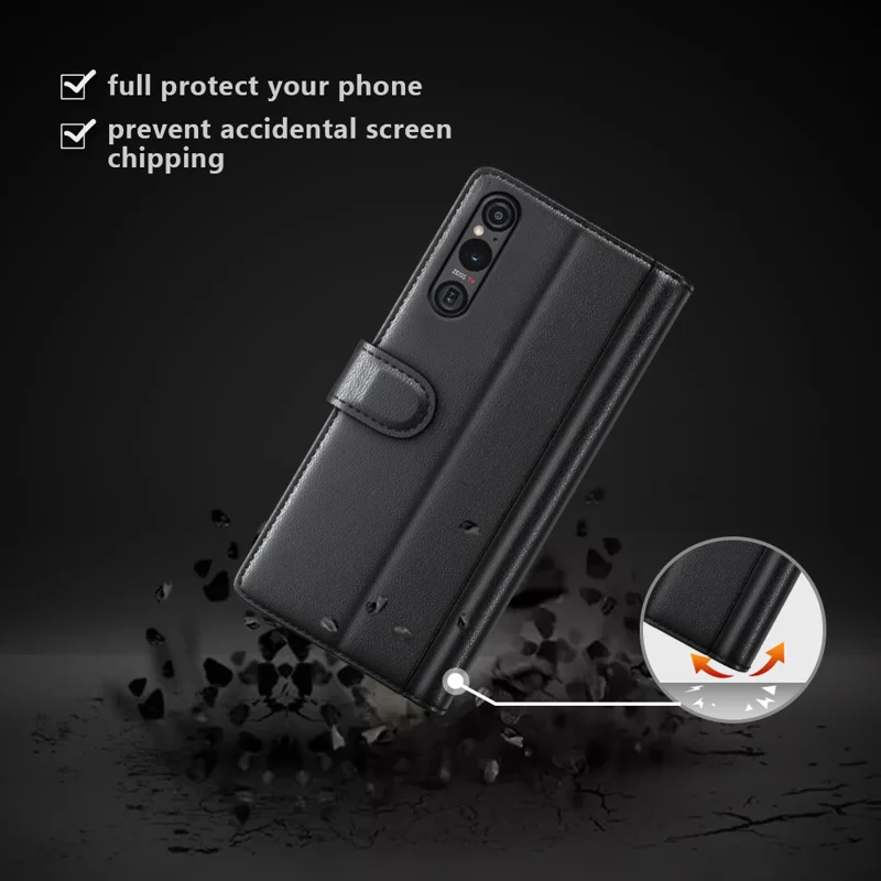 For Sony Xperia 1 VI Case Genuine Split Leather Phone Cover with Wallet Stand - Black
