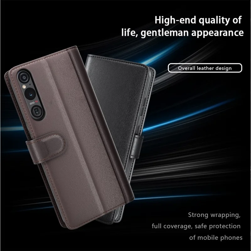 For Sony Xperia 1 VI Case Genuine Split Leather Phone Cover with Wallet Stand - Black