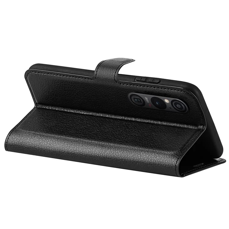 For Sony Xperia 1 VI Magnetic Case PU Leather Litchi Texture Phone Stand Cover - Black