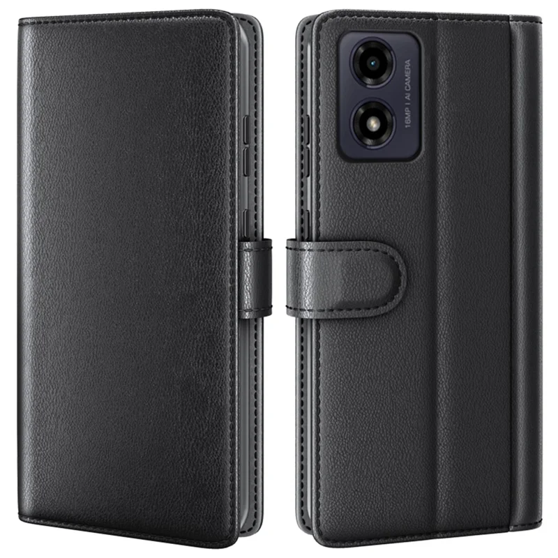 For Motorola Moto E14 4G / G04 4G / G04s 4G / G24 4G Case Genuine Split Leather Phone Cover with Wallet Stand - Black