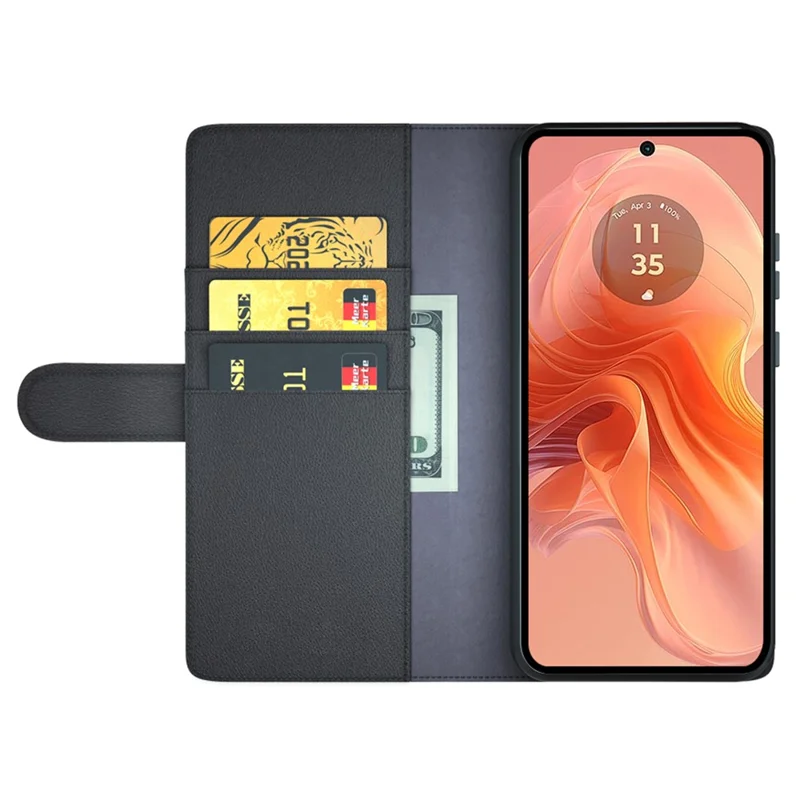 For Motorola Moto E14 4G / G04 4G / G04s 4G / G24 4G Case Genuine Split Leather Phone Cover with Wallet Stand - Black