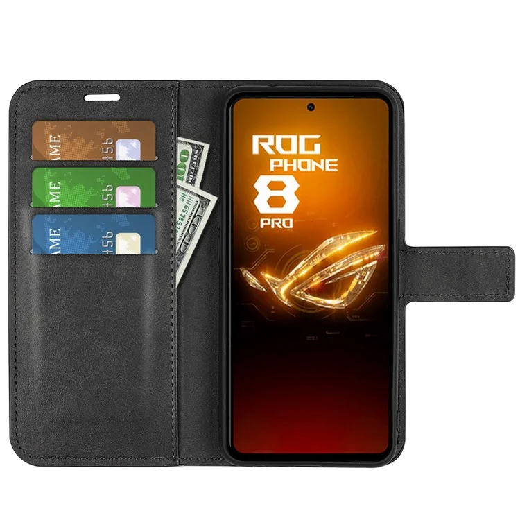 Para Asus ROG Phone 8 Pro 5G / Phone 8 5G Capa de Couro com Textura de Bezerro à Prova de Impacto com Suporte - Preto