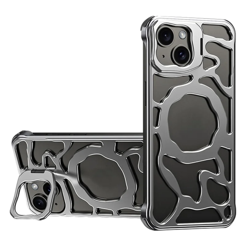 Auspicious Cloud Series For iPhone 13 Magnetic Case Aluminum Alloy Hollow Kickstand Phone Cover - Silver