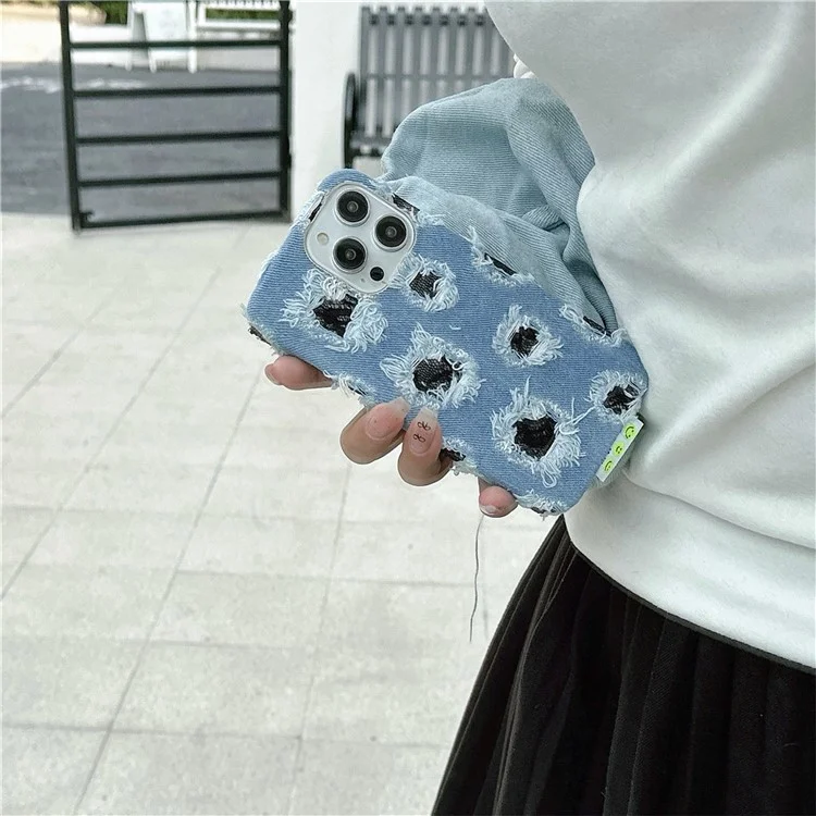 Für iPhone 13 Pro Großhandel Handyhülle Denim Cloth+PC Handyhülle mit schwarzem Mesh-Loch