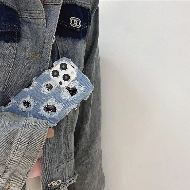 Für iPhone 13 Pro Großhandel Handyhülle Denim Cloth+PC Handyhülle mit schwarzem Mesh-Loch