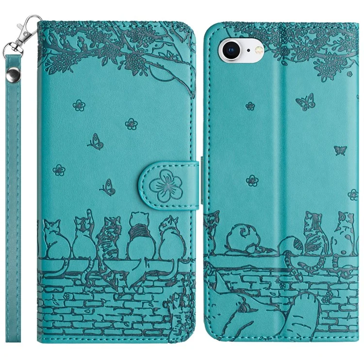 For iPhone 16e Wallet Case PU Leather Wall Cats Pattern Phone Cover - Blue