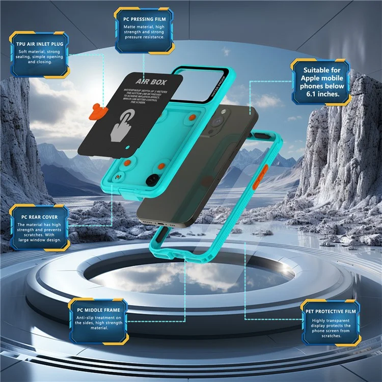 SHELLBOX Air Box Series For iPhone 15 Pro Waterproof Cover PC+TPU+PET Phone Case - Blue