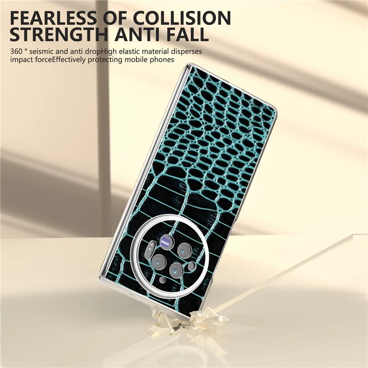 For vivo X Fold3 Case Genuine Cow Leather+PC Crocodile Texture Phone Cover with Non-Slip Grip - Midnight Green